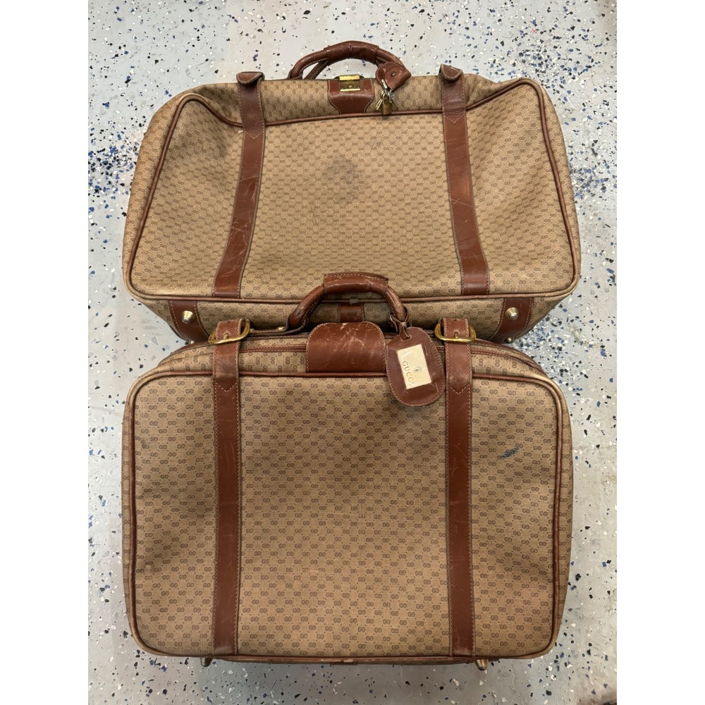 Gucci 1970's Monogram‎ Canvas Leather Trim Travel Luggage Set Vintage Authentic